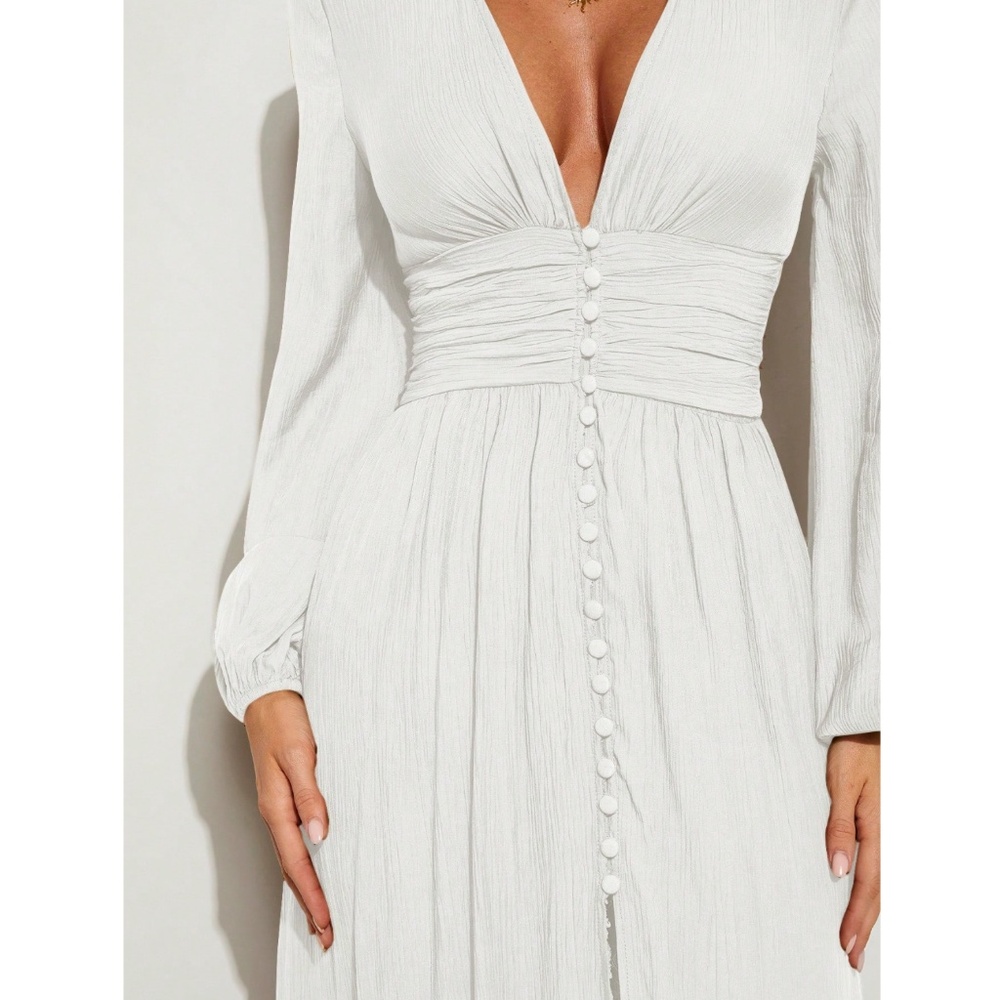 White Bohemian Long Flared Dress V-Neck Faux Buttons Long Sleeve - Picture 8 of 9